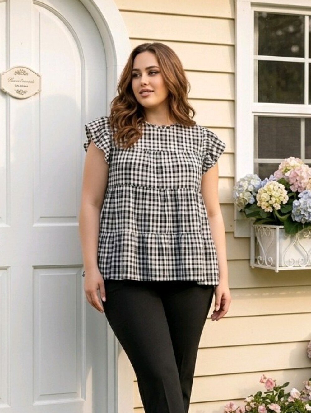 BloomChic Black & White Gingham Ruffle Sleeve Blouse